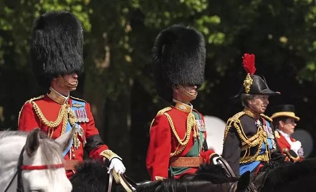 From left, Britain's Prince William, the Prince of Wales, Prince Edward , the Duke of Edinburgh and Princess Anne, the Princess Royal ride, ahead of Trooping the Colour, the king's annual birthday parade, in London, Saturday, June 14, 2025. (Aaron Chown/PA via AP)