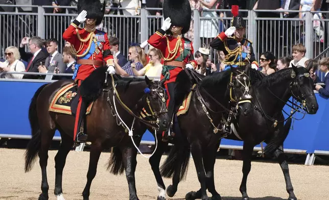 From left, Britain's Prince William, the Prince of Wales, Prince Edward, the Duke of Edinburgh and Princess Anne, the Princess Royal take part in the Trooping the Colour, the king's annual birthday parade, in London, Saturday, June 14, 2025. (Jonathan Brady/PA via AP)