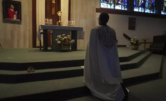 The Rev. Tim Banach gives an evening meditation at St. Charles Borromeo Catholic Church in Arlington, Va., on Wednesday, May 28, 2025. (AP Photo/Jessie Wardarski)