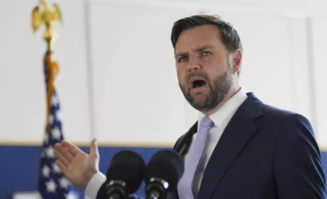Vice President JD Vance speaks during a visit to the Wilshire Federal Building Friday, June 20, 2025, in Los Angeles. (AP Photo/Jae C. Hong)