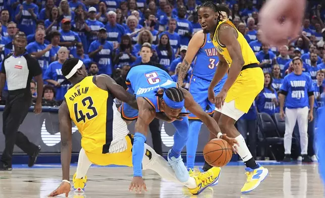 Indiana Pacers forward Pascal Siakam (43) collides with Oklahoma City Thunder guard Shai Gilgeous-Alexander (2) during the first half of Game 2 of the NBA Finals basketball series Sunday, June 8, 2025, in Oklahoma City. (AP Photo/Julio Cortez)