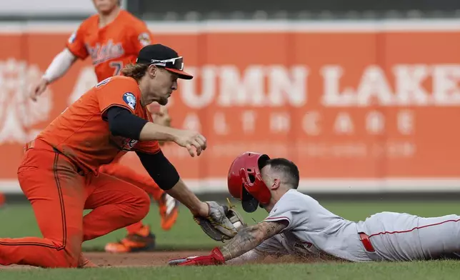 Los Angeles Angels' Zach Neto attempts to steal second base and is tagged out by Baltimore Orioles shortstop Gunnar Henderson during the eighth inning of a baseball game in Baltimore, Saturday, June 14, 2025. (AP Photo/Terrance Williams)