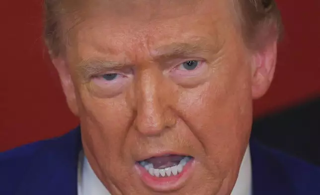 President Donald Trump speaks from the East Room of the White House in Washington, Saturday, June 21, 2025, after the U.S. military struck three Iranian nuclear and military sites, directly joining Israel's effort to decapitate the country's nuclear program. (Carlos Barria/Pool via AP)
