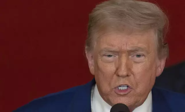 President Donald Trump speaks from the East Room of the White House in Washington, Saturday, June 21, 2025, after the U.S. military struck three Iranian nuclear and military sites, directly joining Israel's effort to decapitate the country's nuclear program. (Carlos Barria/Pool via AP)