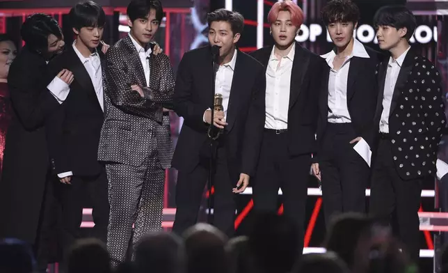 FILE - Korean pop band BTS accepts the award for top duo group at the Billboard Music Awards on May 1, 2019, in Las Vegas. (Photo by Chris Pizzello/Invision/AP, File)