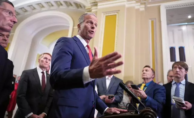 Senate Majority Leader John Thune, R-S.D., speaks to reporters following closed-door party meetings at the Capitol in Washington, Tuesday, June 17, 2025. (AP Photo/J. Scott Applewhite)