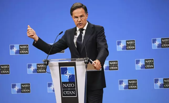NATO Secretary General Mark Rutte speaks during a media conference prior to a meeting of the Ukraine Defense Contact Group at the NATO headquarters in Brussels, Wednesday, June 4, 2025. (AP Photo/Virginia Mayo)