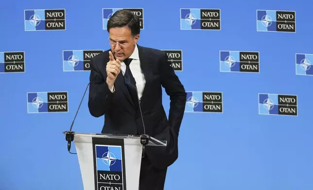 NATO Secretary General Mark Rutte speaks during a media conference prior to a meeting of the Ukraine Defense Contact Group at the NATO headquarters in Brussels, Wednesday, June 4, 2025. (AP Photo/Virginia Mayo)
