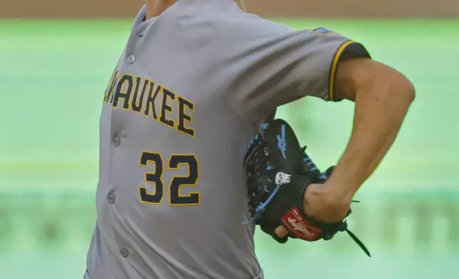 Milwaukee Brewers starting pitcher Jacob Misiorowski throws to the Minnesota Twins in the first inning of a baseball game Friday, June 20, 2025, in Minneapolis. (AP Photo/Bruce Kluckhohn)