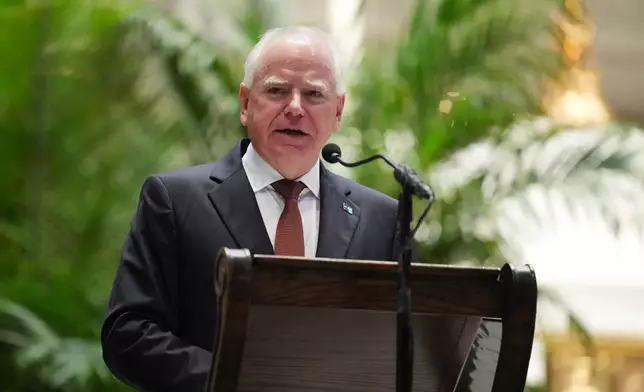 Gov. Tim Walz delivers a eulogy during funeral services for Mark and Melissa Hortman at the Basilica of St. Mary in Minneapolis, Minn., on Saturday, June 28, 2025. (Alex Kormann/Star Tribune via AP, Pool)