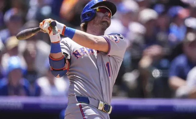 New York Mets' Jeff McNeil follows the flight of his three-run home run off Colorado Rockies relief pitcher Juan Mejia in the fourth inning of a baseball game Sunday, June 8, 2025, in Denver. (AP Photo/David Zalubowski)