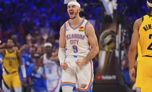 Oklahoma City Thunder guard Alex Caruso (9) celebrates during the second half of Game 5 of the NBA Finals basketball series against the Indiana Pacers, Monday, June 16, 2025, in Oklahoma City. (AP Photo/Kyle Phillips)