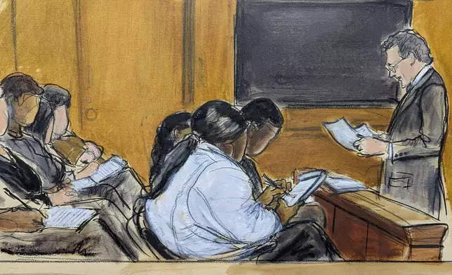 The jury in the Harvey Weinstein sexual misconduct case listens to a read back of testimony by a key witness, Monday, June 9, 2025, at Manhattan criminal court in New York. (Elizabeth Williams via AP)