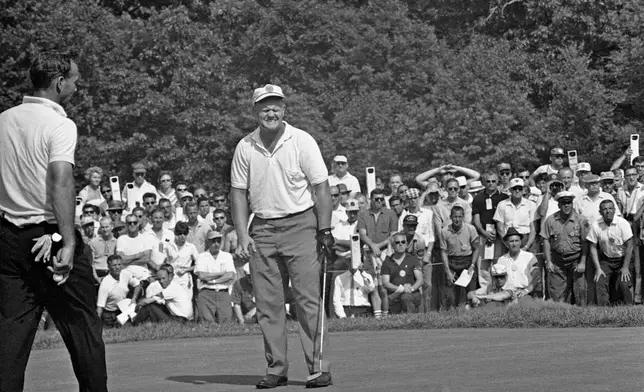 FILE - Jack Nicklaus reacts on the first green during the playoff for the National Open Golf Tournament in Oakmont, Penn., June 17, 1962, against Arnold Palmer. (AP Photo/Preston Stroup, file)