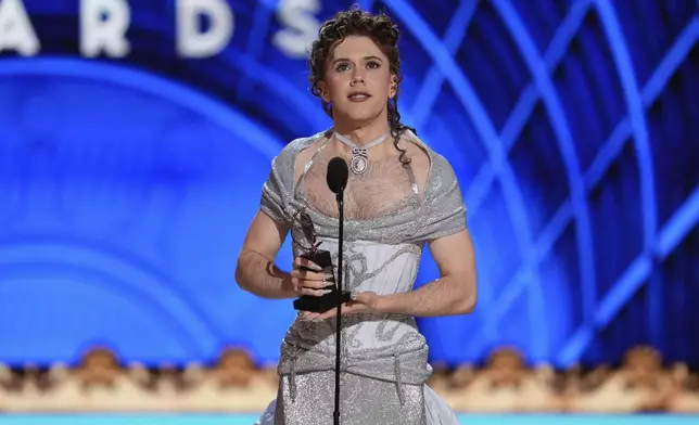 Cole Escola accepts the award for best performance by an actor in a leading role in a play for "Oh, Mary!" during the 78th Tony Awards on Sunday, June 8, 2025, at Radio City Music Hall in New York. (Photo by Charles Sykes/Invision/AP)