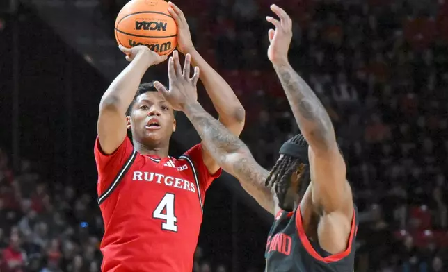 FILE - Rutgers guard Ace Bailey (4) shoots the ball against Maryland guard Selton Miguel during the first half of an NCAA college basketball game, Sunday, Feb. 9, 2025, in College Park, Md. (AP Photo/Terrance Williams, File)