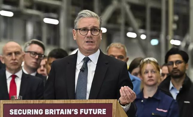 Britain's Prime Minister Keir Starmer delivers his speech during a visit to the BAE Systems'Govan facility, in Glasgow, Scotland, Monday June 2, 2025. (Andy Buchanan, Pool Photo via AP)