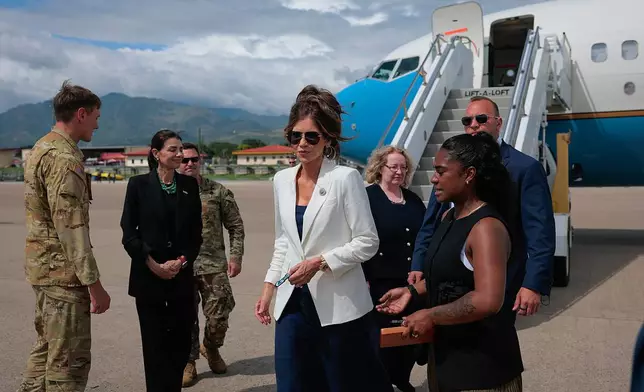 U.S. Homeland Security Secretary Kristi Noem arrives at Soto Cano Air Base in Comayagua, Honduras, Wednesday, June 25, 2025. (Anna Moneymaker/Pool photo via AP)