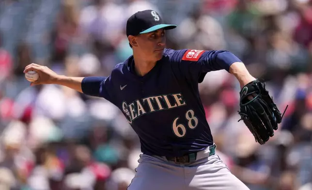 Seattle Mariners starting pitcher George Kirby throws to the plate during the first inning of a baseball game against the Los Angeles Angels, Sunday, June 8, 2025, in Anaheim, Calif. (AP Photo/Mark J. Terrill)