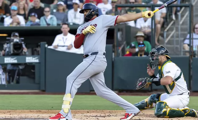 Cleveland Guardians' Johnathan Rodríguez (30) with an RBI double during the second inning of a baseball game against the Athletics Saturday, June 21, 2025, in West Sacramento, Calif. (AP Photo/Sara Nevis)