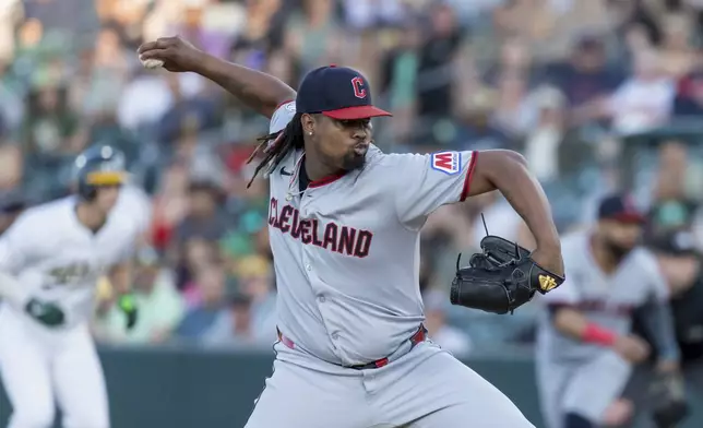 Cleveland Guardians pitcher Luis L. Ortiz throws to the Athletics during the second inning of a baseball game Saturday, June 21, 2025, in West Sacramento, Calif. (AP Photo/Sara Nevis)