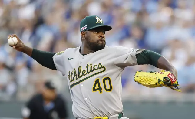 Athletics pitcher Luis Severino delivers to a Kansas City Royals batter during the second inning of a baseball game in Kansas City, Mo., Friday, June 13, 2025. (AP Photo/Colin E. Braley)