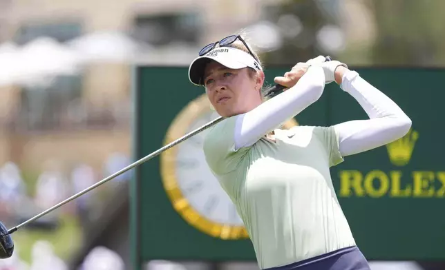 Nelly Korda watches her tee shot on the 10th hole during the second round of the Women's PGA Championship golf tournament Friday, June 20, 2025, in Frisco, Texas. (AP Photo/LM Otero)