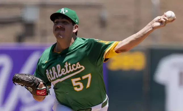 Athletics pitcher Jacob Lopez throws to the Baltimore Orioles during the first inning of a baseball game Sunday, June 8, 2025, in West Sacramento, Calif. (AP Photo/Sara Nevis)