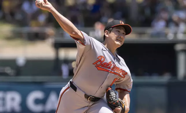 Baltimore Orioles pitcher Tomoyuki Sugano throws during the first inning of a baseball game against the Athletics on Sunday, June 8, 2025, in West Sacramento, Calif. (AP Photo/Sara Nevis)