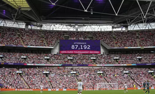 FILE - A video screen shows the attendance during the Women's Euro 2022 final soccer match between England and Germany at Wembley stadium in London, Sunday, July 31, 2022. (AP Photo/Alessandra Tarantino, FIle)