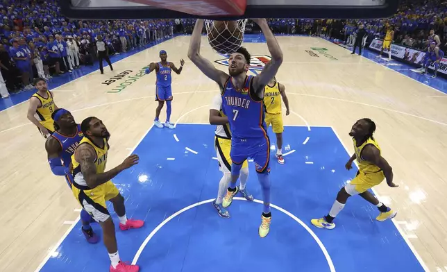 Oklahoma City Thunder forward Chet Holmgren (7) dunks against the Indiana Pacers during Game 7 of the NBA Finals basketball series Sunday, June 22, 2025, in Oklahoma City. (Matthew Stockman/Pool Photo via AP)