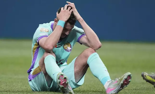 Al Ain's Nassim Chadli reacts during the Club World Cup Group G soccer match between Manchester City and Al Ain in Atlanta, Sunday, June 22, 2025. (AP Photo/Mike Stewart)