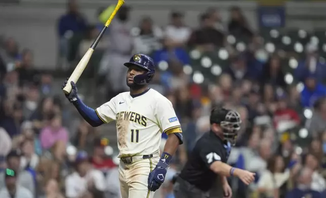 Milwaukee Brewers' Jackson Chourio reacts after striking out during the fifth inning of a baseball game against the Atlanta Braves, Monday, June 9, 2025, in Milwaukee. (AP Photo/Aaron Gash)