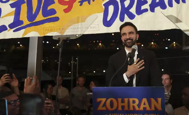 Democratic mayoral candidate Zohran Mamdani takes the stage at his primary election party, Wednesday, June 25, 2025, in New York. (AP Photo/Heather Khalifa)