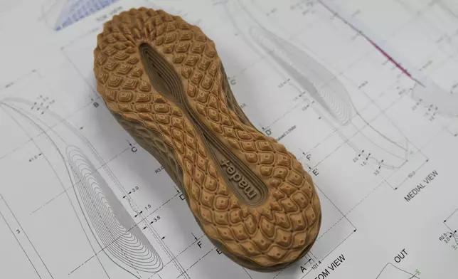 The tread intended for a golf sneaker is displayed at the Made Plus manufacturing facility in Annapolis, Md., Tuesday, June 10, 2025. (AP Photo/Stephanie Scarbrough)