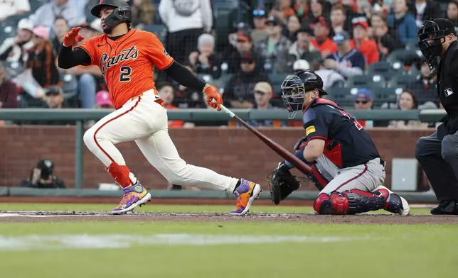 San Francisco Giants shortstop Willy Adames (2) singles against the Atlanta Braves in the first inning of a baseball game at Oracle Park in San Francisco, Friday, June 6, 2025. (Santiago Mejia/San Francisco Chronicle via AP)