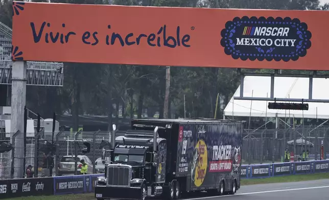 The hauler transporting Chase Briscoe's team race car arrives at the Hermanos Rodriguez race track ahead of the upcoming NASCAR Cup Series, in Mexico City, Thursday, June 12, 2025. (AP Photo/Fernando Llano)