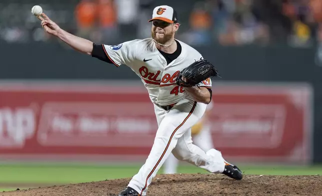 FILE - Baltimore Orioles relief pitcher Craig Kimbrel delivers during the ninth inning of a baseball game against the Chicago White Sox, Tuesday, Sept. 3, 2024, in Baltimore. (AP Photo/Stephanie Scarbrough, File)