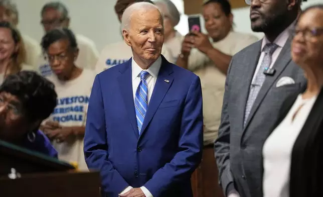 Former President Joe Biden gets ready to speak during a Juneteenth event at the Reedy Chapel AME Church, Thursday, June 19, 2025, in Galveston, Texas. (AP Photo/David J. Phillip)