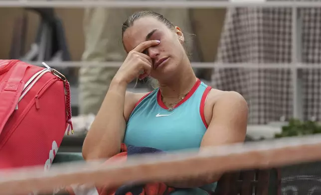Aryna Sabalenka of Belarus stis after losing the final match of the French Tennis Open at the Roland-Garros against United States' Coco Gauff in Paris, Saturday, June 7, 2025. (AP Photo/Thibault Camus)