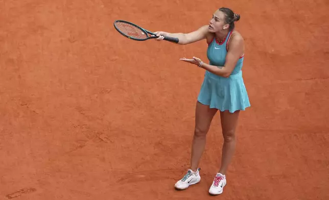 Aryna Sabalenka of Belarus reacts during the final match of the French Tennis Open at the Roland-Garros against United States' Coco Gauff in Paris, Saturday, June 7, 2025. (AP Photo/Lindsey Wasson)