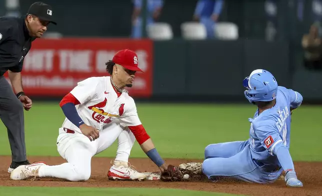 St. Louis Cardinals' Masyn Winn is late with the tag as Kansas City Royals' Maikel Garcia safely steals second during the ninth inning in the second game of a baseball doubleheader Thursday, June 5, 2025, in St. Louis. (AP Photo/Scott Kane)