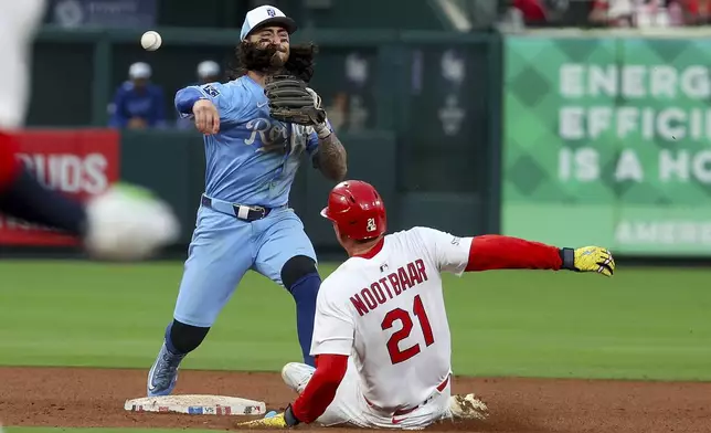 Kansas City Royals' Jonathan India turns a double play over St. Louis Cardinals' Lars Nootbaar during the fourth inning in the second game of a baseball doubleheader Thursday, June 5, 2025, in St. Louis. (AP Photo/Scott Kane)