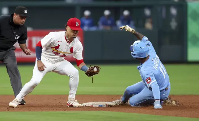 St. Louis Cardinals' Masyn Winn is late with the tag as Kansas City Royals' Maikel Garcia, right, steals second during the fifth inning in the second game of a baseball doubleheader Thursday, June 5, 2025, in St. Louis. (AP Photo/Scott Kane)