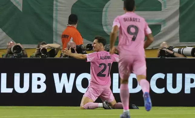 Inter Miami's Tadeo Allende celebrates after scoring the opening goal against Palmeiras during the Club World Cup Group A soccer match between Inter Miami and Palmeiras in Miami Gardens, Fla., Monday, June 23, 2025. (AP Photo/Lynne Sladky)