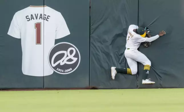 Athletics outfielder Denzel Clarke collides into the wall after making the catch during the fourth inning of a baseball game against the Baltimore Orioles Friday, June 6, 2025, in West Sacramento, Calif. (AP Photo/Sara Nevis)