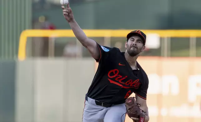Baltimore Orioles pitcher Dean Kremer throws to the Athletics during the first inning of a baseball game Friday, June 6, 2025, in West Sacramento, Calif. (AP Photo/Sara Nevis)