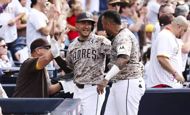 San Diego Padres' Jose Iglesias, front left, celebrates with Martin Maldonado, front right, after scoring on a hit by Luis Arraez against the Pittsburgh Pirates in the seventh inning of a baseball game Sunday, June 1, 2025, in San Diego. (AP Photo/Derrick Tuskan)