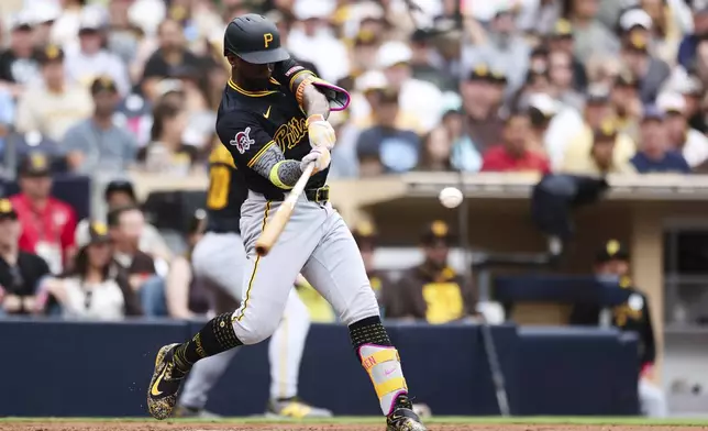 Pittsburgh Pirates' Andrew McCutchen hits a two-run home run against the San Diego Padres in the third inning of a baseball game Sunday, June 1, 2025, in San Diego. (AP Photo/Derrick Tuskan)