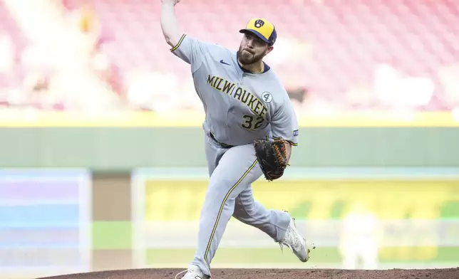Milwaukee Brewers pitcher Aaron Civale throws during the first inning of a baseball game against the Cincinnati Reds, Monday, June 2, 2025, in Cincinnati. (AP Photo/Jeff Dean)